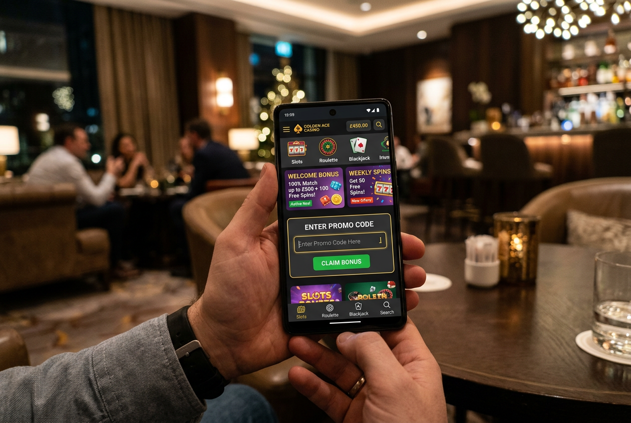 A smartphone displaying a casino promo code screen.
