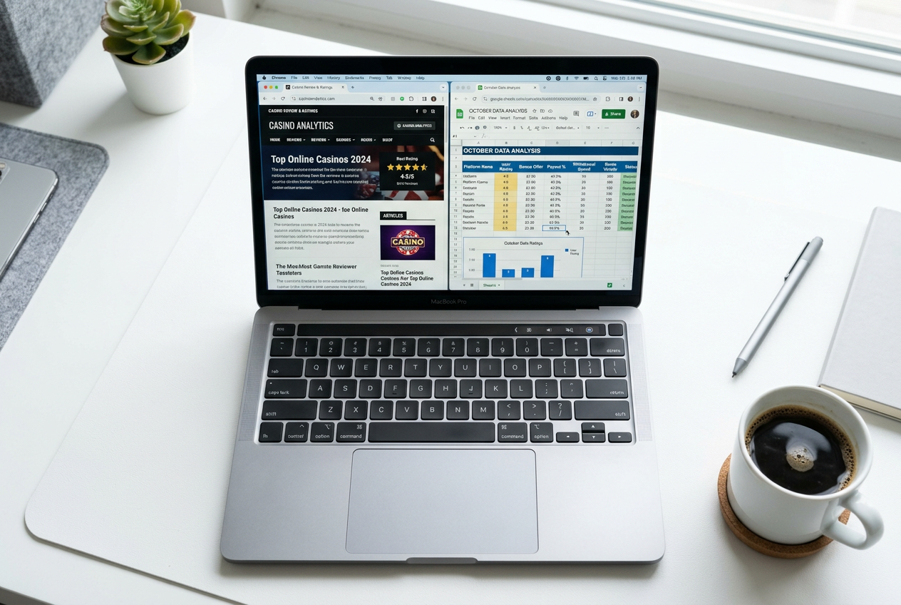 A laptop on a clean desk showing data charts and casino websites, representing a professional review process.